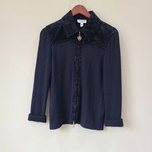St. John Sport Full Zip Jacket Black Santana Knit Medium Black Velvet Burnout